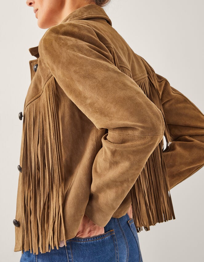 Lily Fringe Suede Jacket, Tan (TAN), large