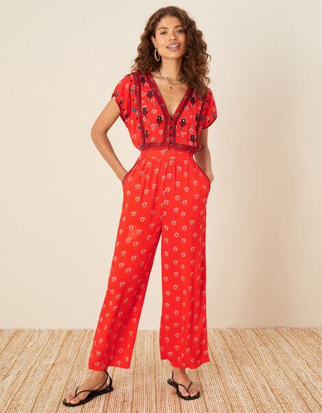 Embroidered Trim Printed Jumpsuit Red, Red (RED), large