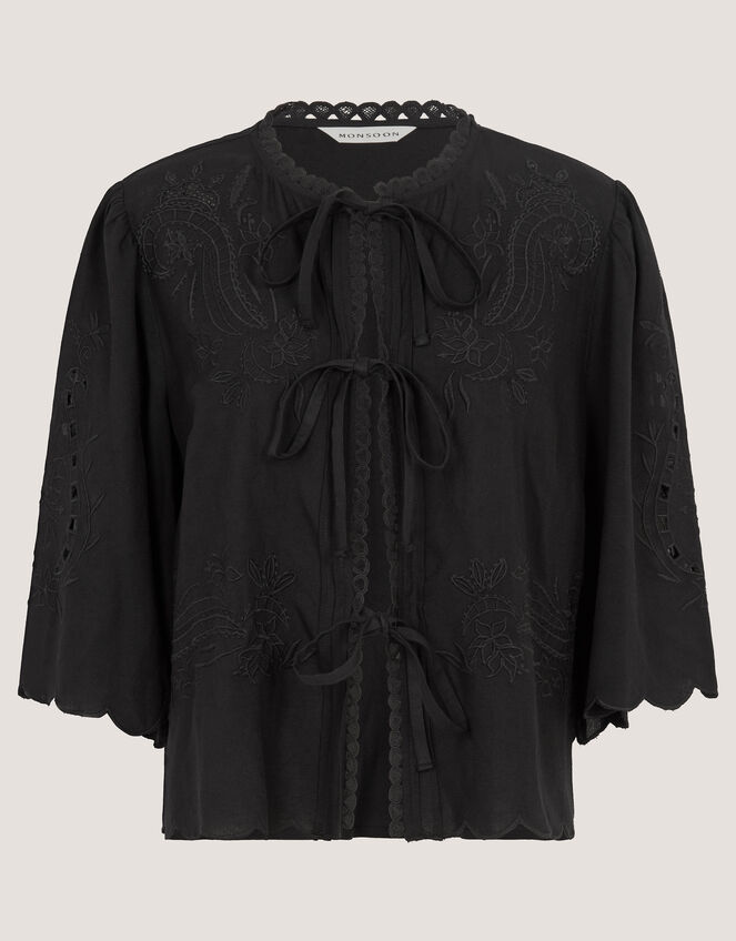 Cindy Embroidered Tie Front Top, Black (BLACK), large