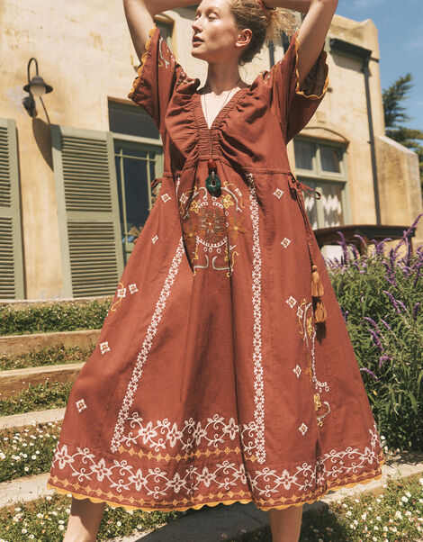 Greta Short Sleeve Embroidered Midi Dress, Brown (BROWN), large