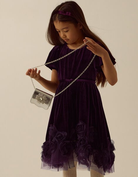Adelyn Floral Appliqu&eacute; Velvet Party Dress, Purple (PURPLE), large