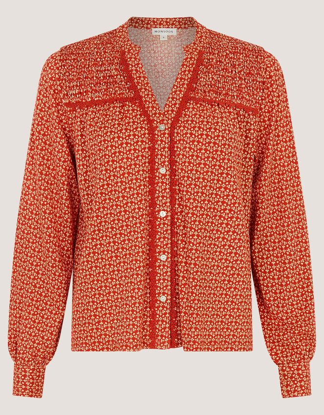 Palmer Print Smocked Jersey Top, Red (RED), large