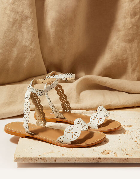 Laser Cut Leather Sandals White, White (WHITE), large