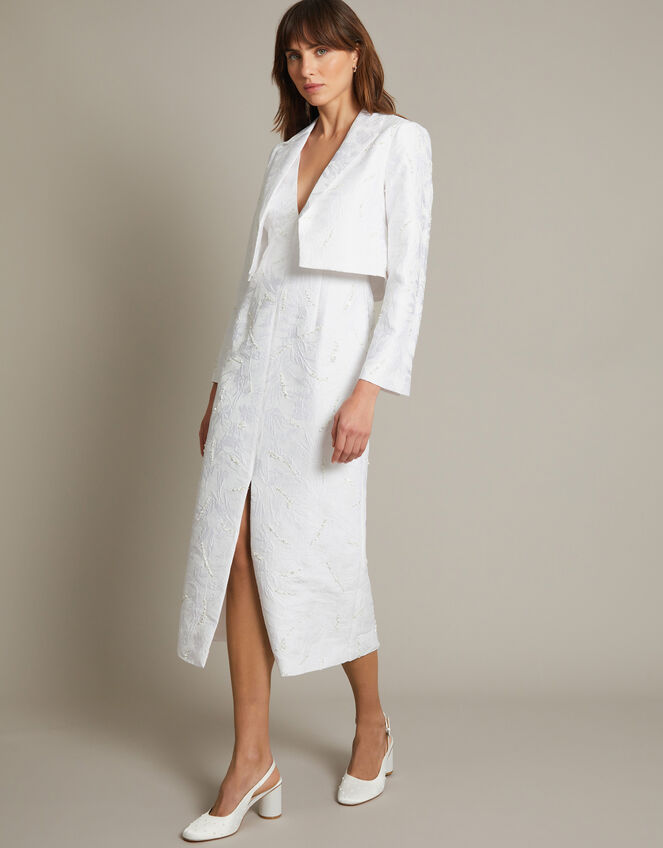 Faye Hand-Beaded Jacquard Cropped Bridal Jacket, Ivory (IVORY), large