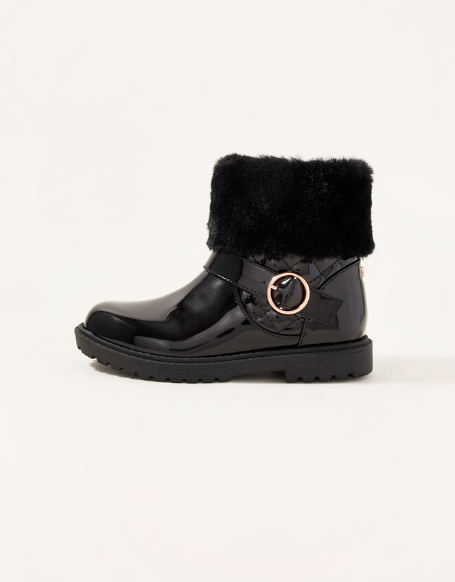 Patent Fur Trim Boots, Black (BLACK), large