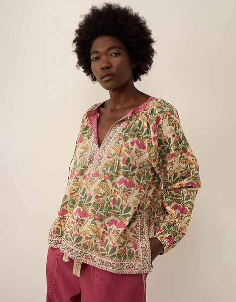 East Aurelie Hand-Woodblock Botanical Print Cotton Top, Multi (MULTI), large
