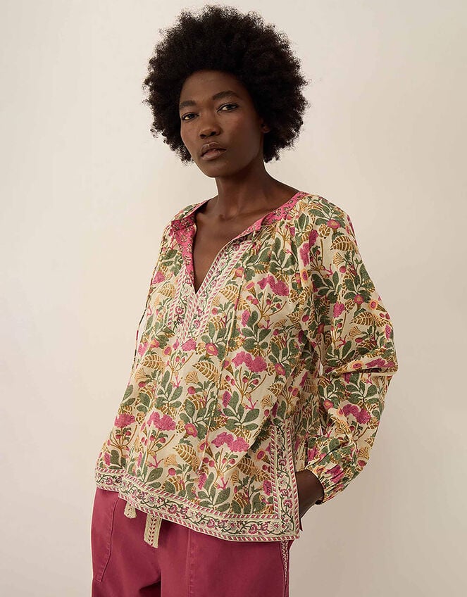 East Aurelie Hand-Woodblock Botanical Print Cotton Top, Multi (MULTI), large