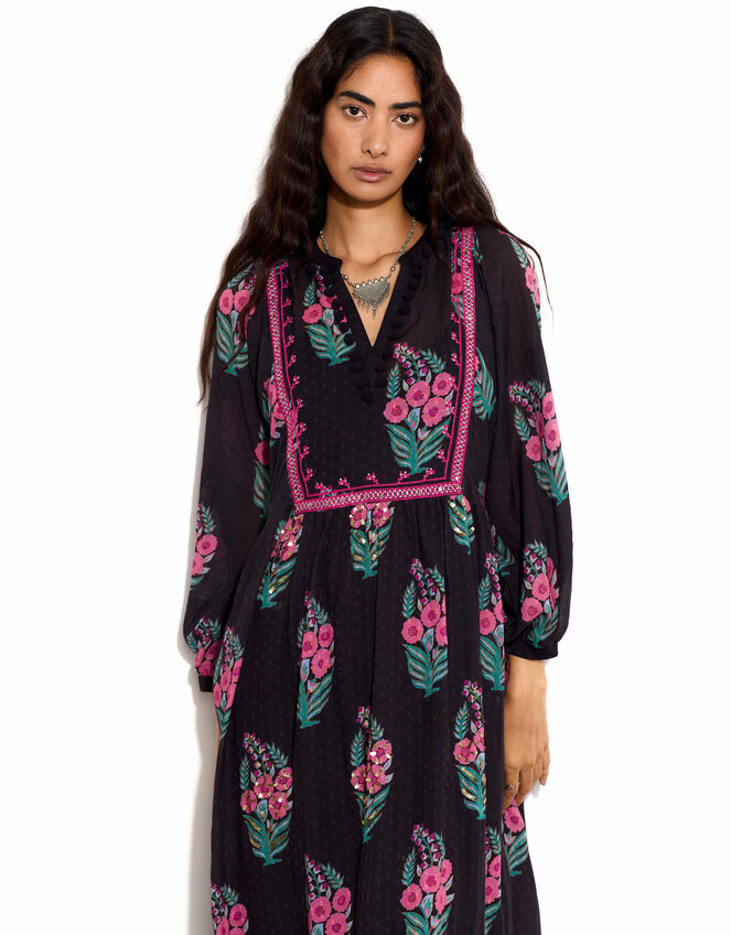 East Logan Long Sleeve Floral Midi Dress, Black (BLACK), large