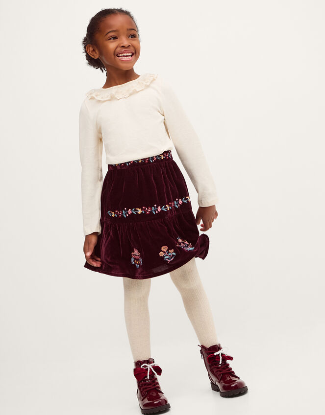 Floral Embroidered Velour Skirt, Red (BURGUNDY), large