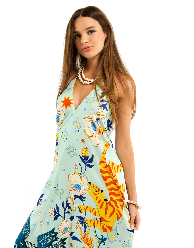 Wild Voila Tiger Print Backless Midi Dress , Blue (BLUE), large