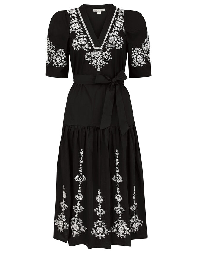 Enya Embroidered Jersey-Mix Dress, Black (BLACK), large