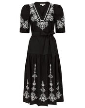 Enya Embroidered Jersey-Mix Dress, Black (BLACK), large