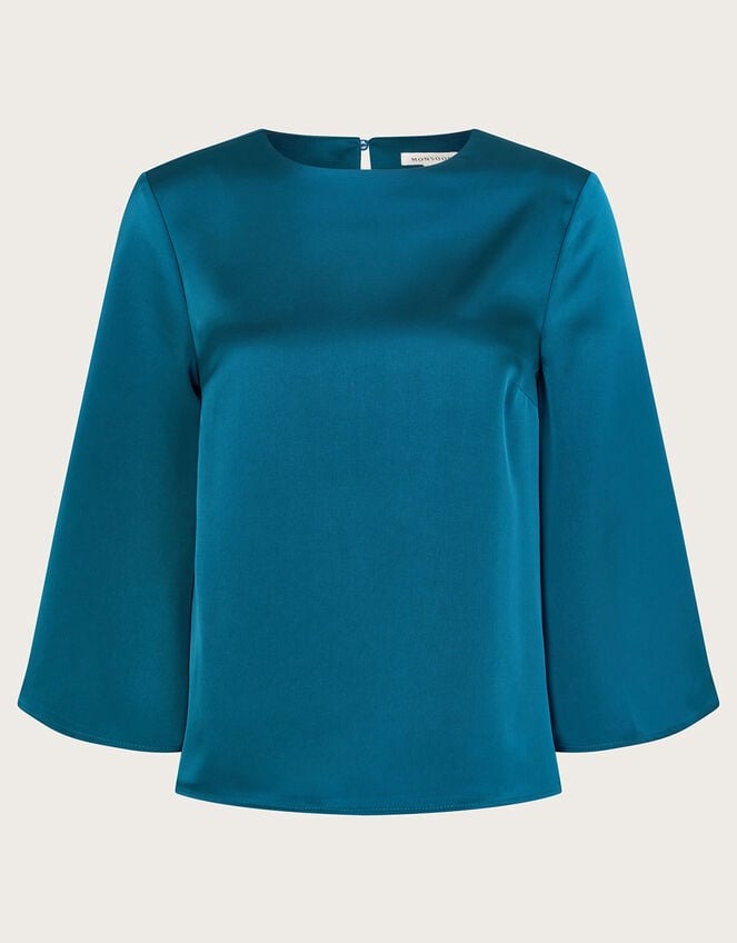 Ingrid Bell Sleeve Satin Top, Blue (TURQUOISE), large
