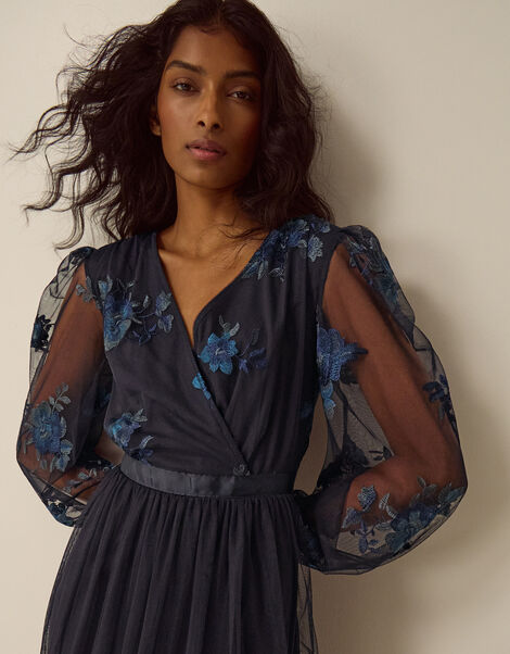 Charlotte Floral Embroidered Mesh Midi Dress, Blue (NAVY), large