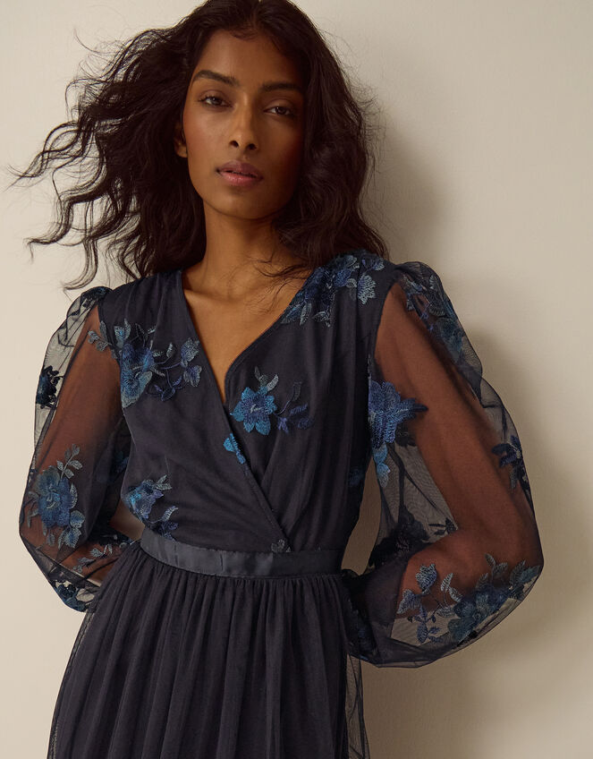 Charlotte Floral Embroidered Mesh Midi Dress, Blue (NAVY), large