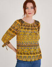 All-Over Leaf Print Smock Jersey Top, Yellow (OCHRE), large