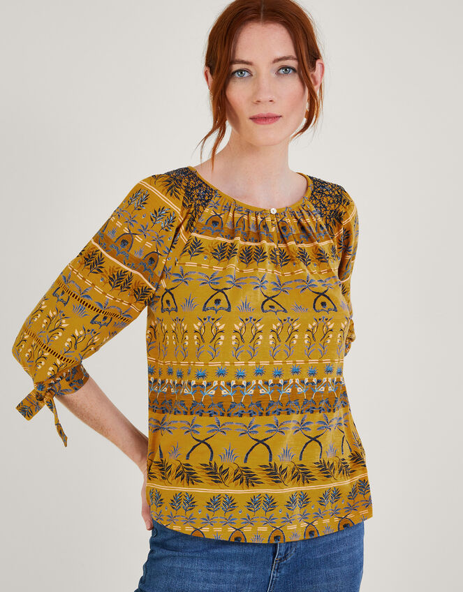 All-Over Leaf Print Smock Jersey Top, Yellow (OCHRE), large