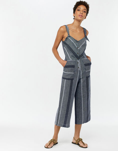 William Stripe Jumpsuit in Linen Blend Blue, Blue (NAVY), large