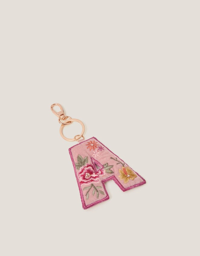 Floral Embroidered Initial Keyring, Pink (PINK), large