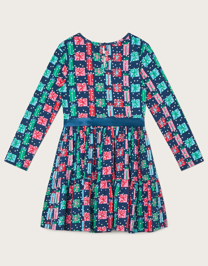 Christmas Present Tiered Jersey Dress, Blue (NAVY), large