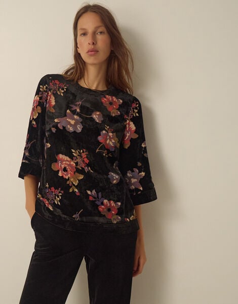 Abril Floral Devor&eacute; Velvet Top , Black (BLACK), large