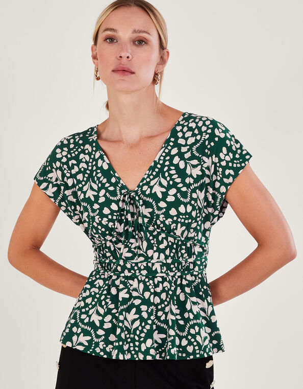 Print Fit-and-Flare Jersey Top, Green (DARK GREEN), large