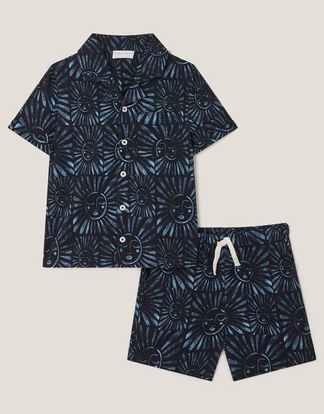 Sun Print Shirt and Shorts Set, Blue (NAVY), large