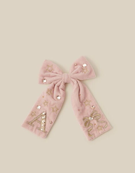 Embellished Velvet Initial Bow Clip, Pink (PINK), large