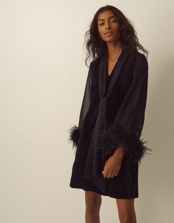Sadie V-Neck Feather Sleeve Velvet Mini Dress, Black (BLACK), large