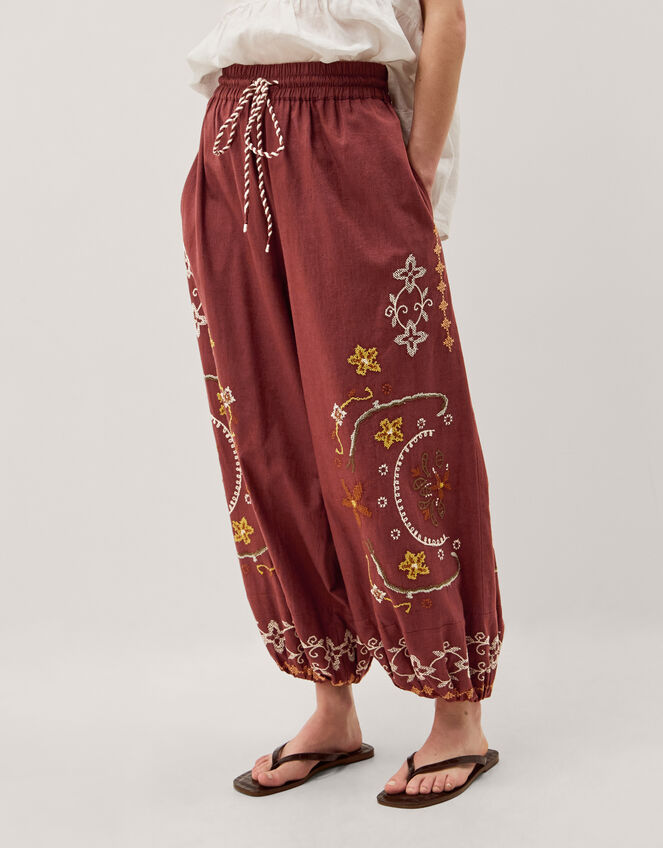Greta Embroidered Balloon Trousers, Brown (CHOCOLATE), large