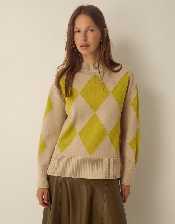 Arlen Crew Neck Argyle Sweater, Green (CHARTREUSE), large
