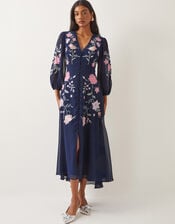 Emani Floral Embroidered Midi Tea Dress, Blue (NAVY), large