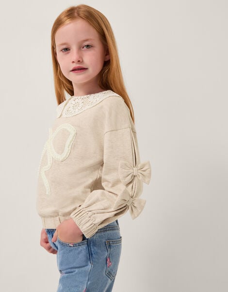 Bow Embellished Collar Sweatshirt, Ivory (IVORY), large