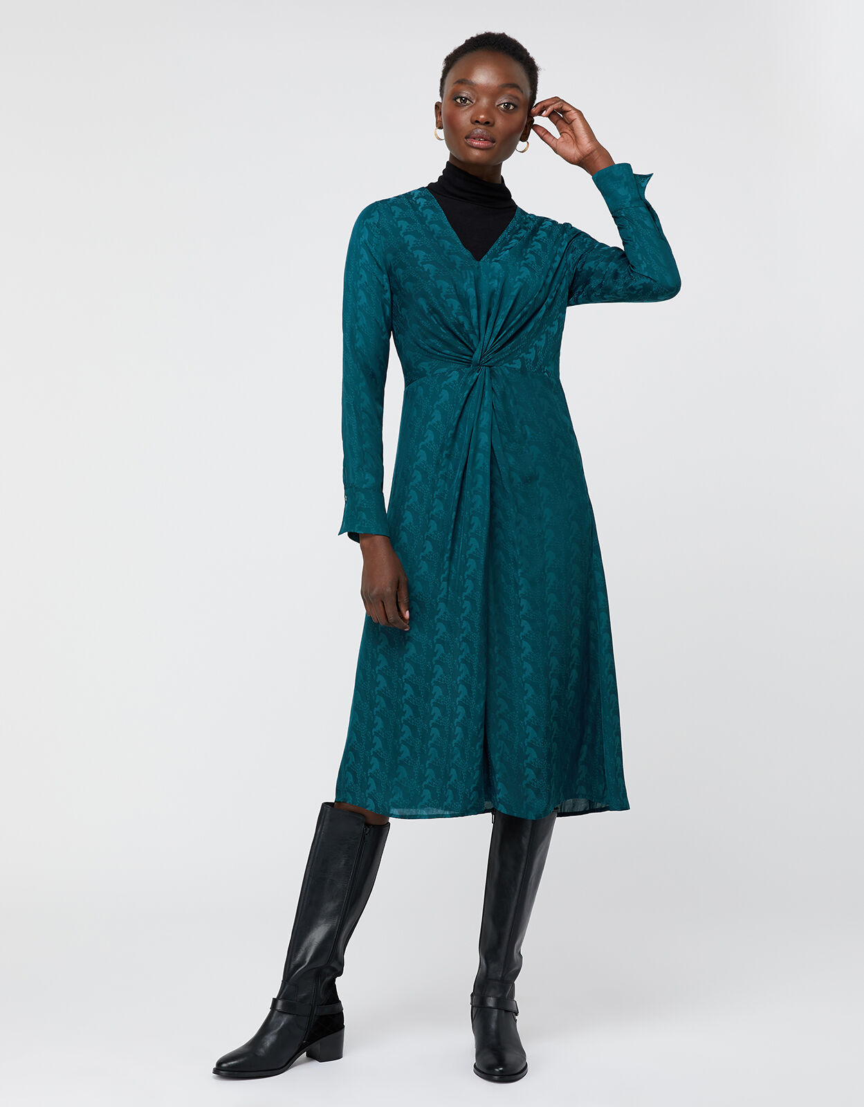 Heidi Horse Satin Jacquard Dress Teal