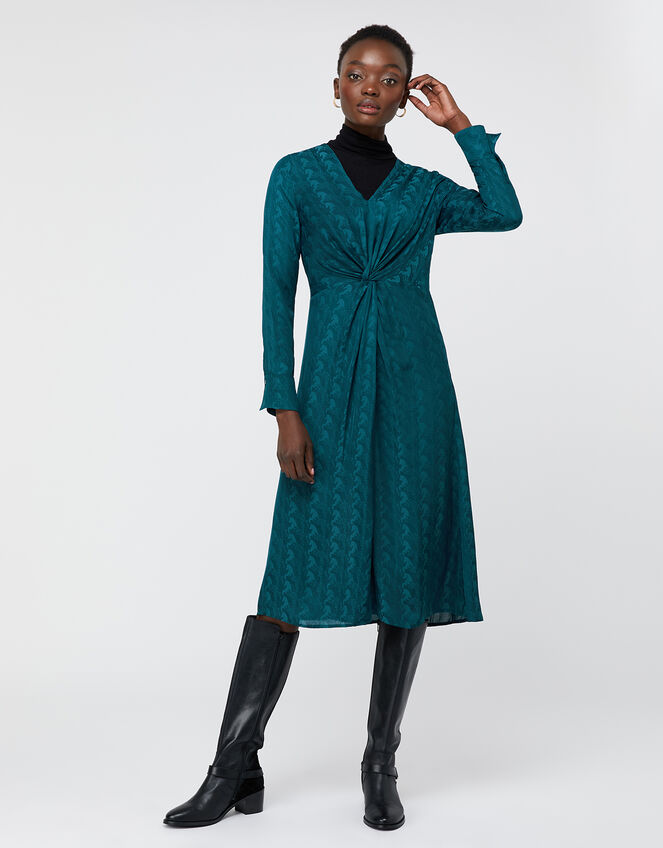 Heidi Horse Satin Jacquard Dress, Teal (TEAL), large