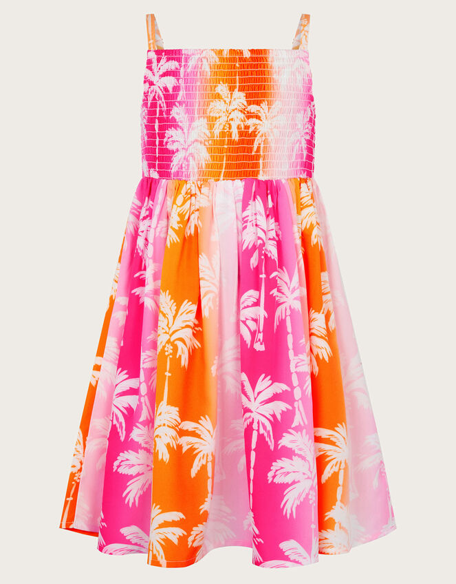 Sunset Ombre Palm Print Shirred Dress, Pink (PINK), large