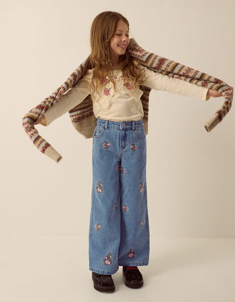 Floral Embroidered Wide Leg Jeans, Blue (BLUE), large
