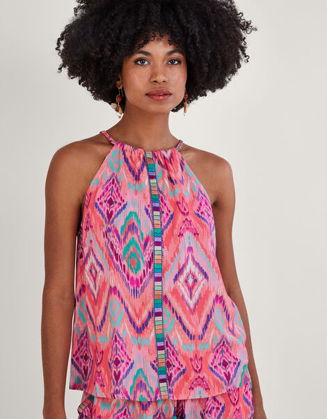 Ikat Print Tape Halter Cami Top in LENZING™ ECOVERO™, Orange (CORAL), large