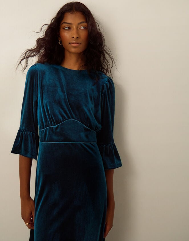 Valda Frill Velvet Jersey Midi Dress, Teal (TEAL), large