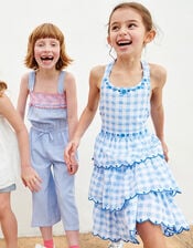 Gingham Halter Embroidered Dress , Blue (BLUE), large