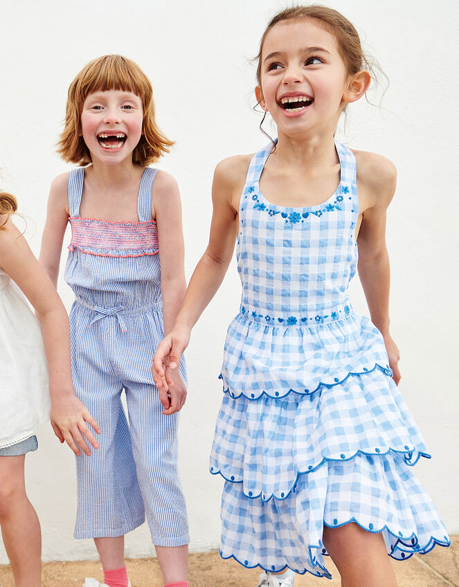 Gingham Halter Embroidered Dress , Blue (BLUE), large