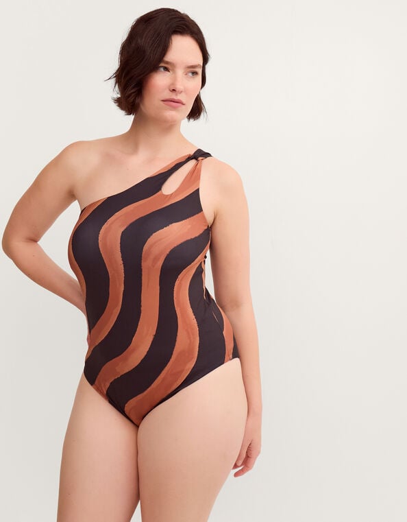 Callie Thorpe x Monsoon One-Shoulder Wave Print Shaping Swimsuit, Black (BLACK), large