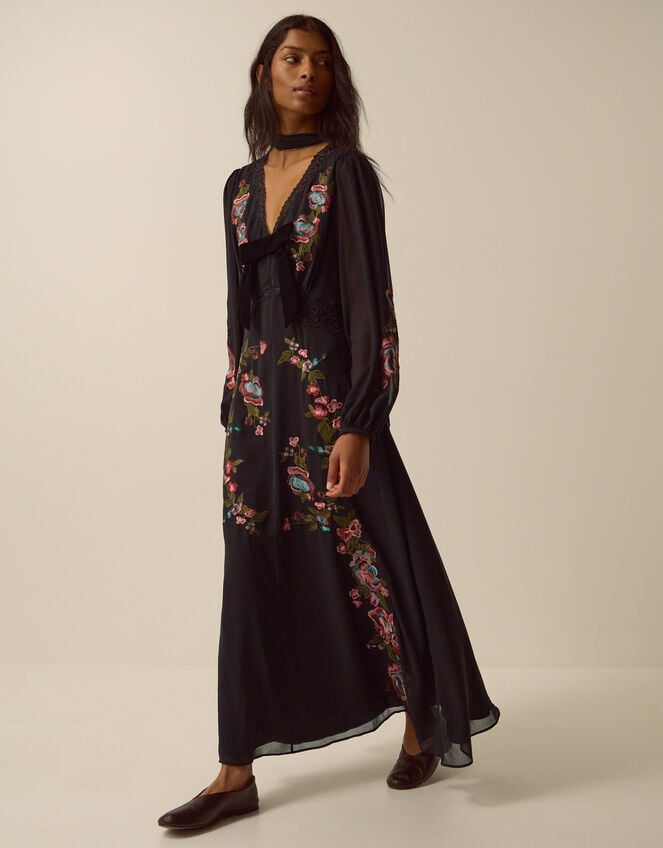 Margot Floral Embroidered Midi Dress, Black (BLACK), large