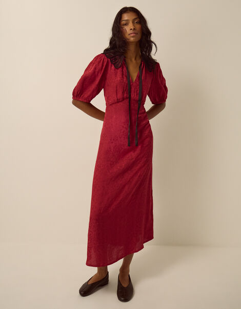 Tiana Collared Floral Jacquard Midi Dress, Red (BURGUNDY), large
