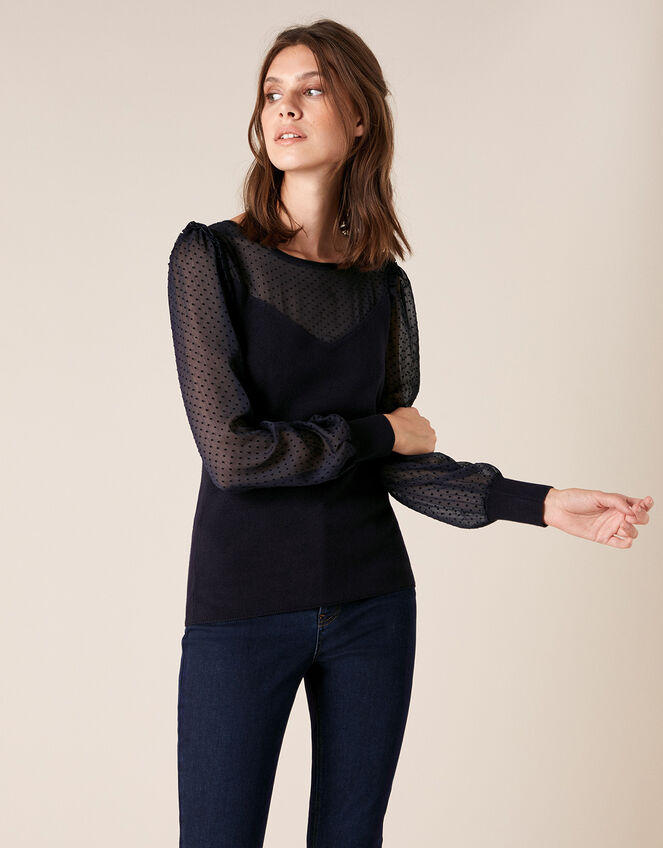 Woven Sleeve Jumper with Sustainable Viscose, Blue (NAVY), large