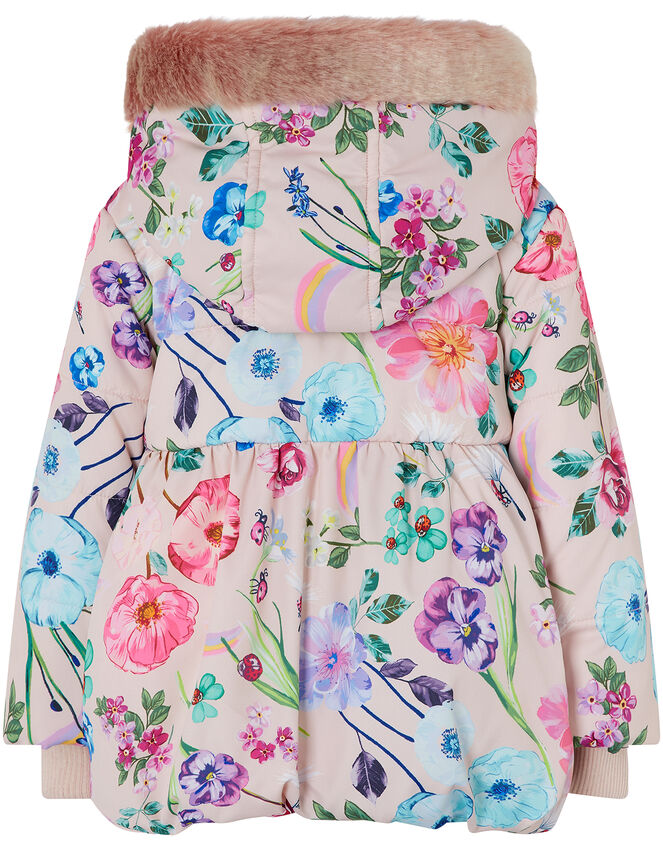 Baby Pixie Floral Padded Coat with Faux Fur Hood, Pink (PINK), large