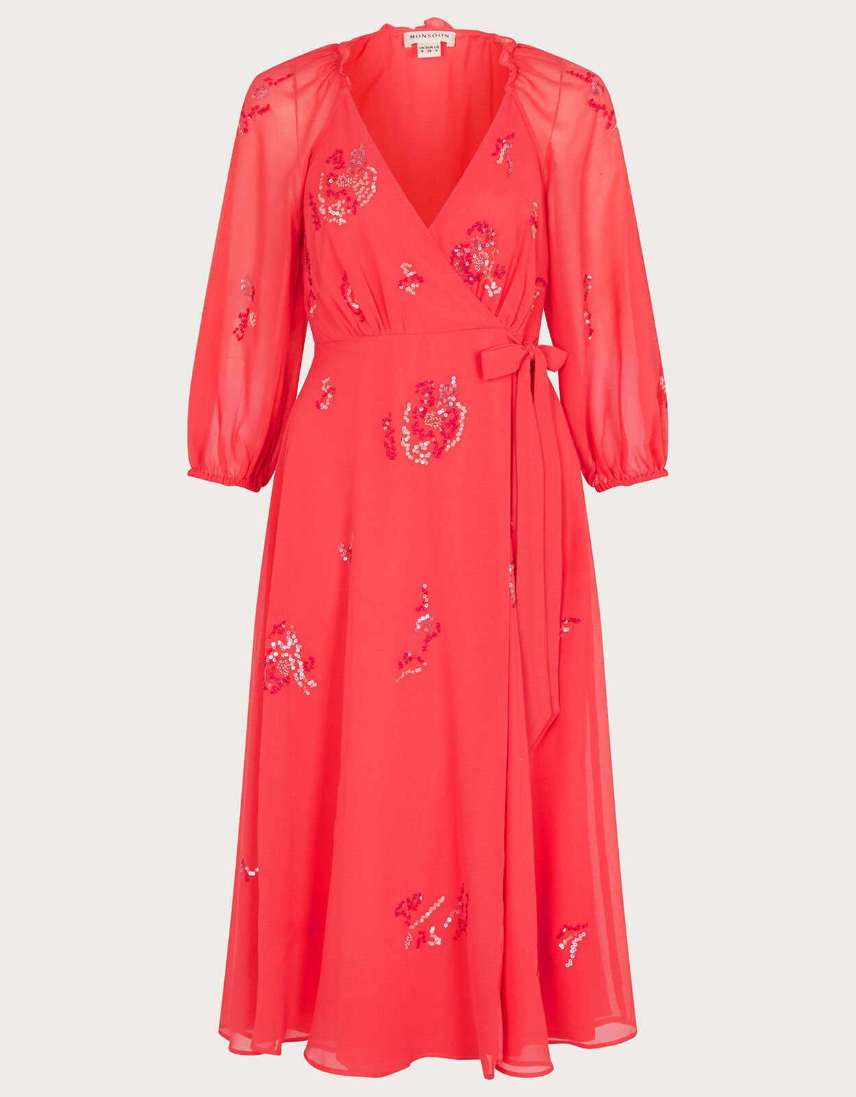 Tammy Embellished Wrap Midi Dress in Recycled Polyester Orange