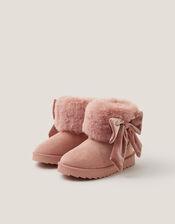 Bow Faux Fur Suedette Ankle Boots, Pink (PINK), large