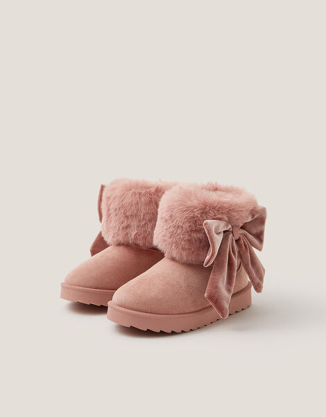 Bow Faux Fur Suedette Ankle Boots, Pink (PINK), large