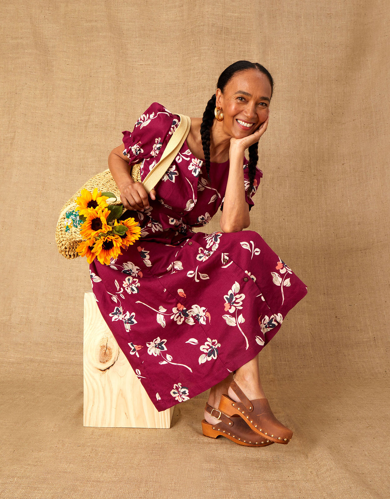 Floral Print Midi Dress in Linen Blend Pink